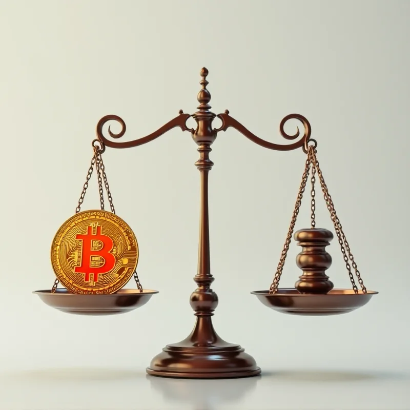 A digital representation of a balancing scale with a Bitcoin on one side and a gavel representing the SEC on the other.