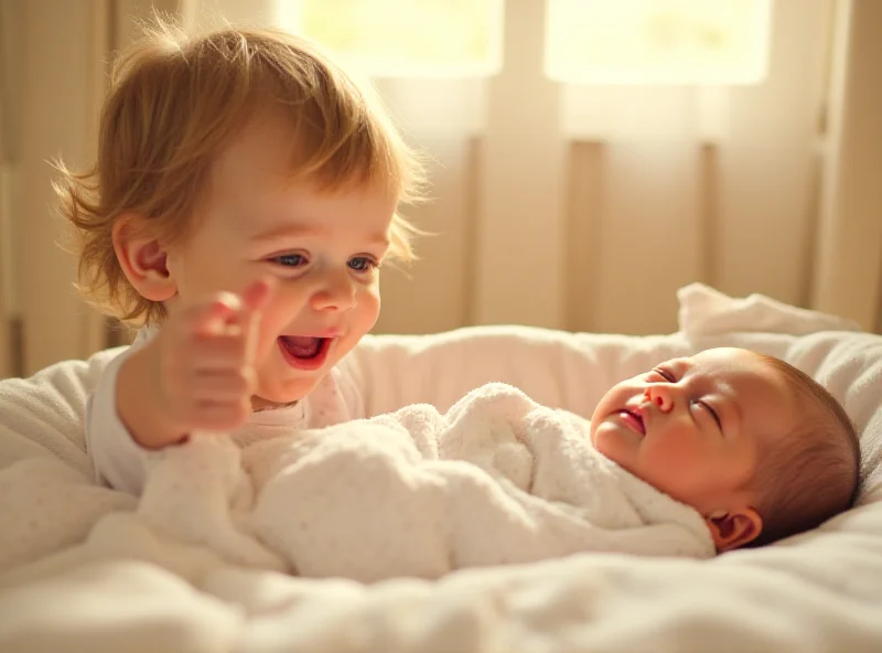 A toddler pointing excitedly at a baby in a crib.