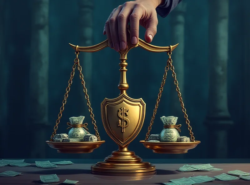 Illustration of scales of justice with a shield protecting money bags.