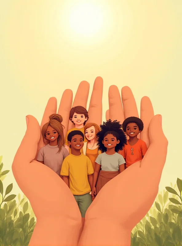 Illustration of a caring hand sheltering a group of diverse children.