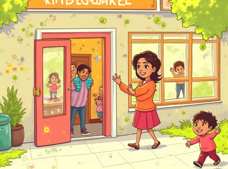 Illustration of a parent dropping off a child at a bright and colorful kindergarten.