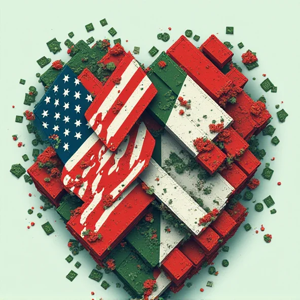 A stylized graphic representing trade between the US and Mexico, with intertwined flags and shipping containers.