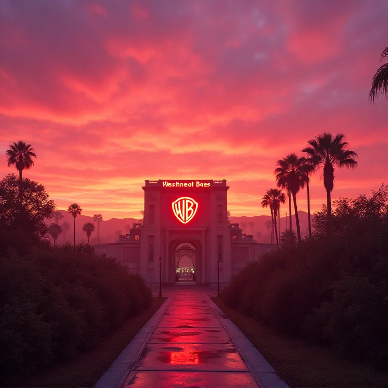 The Warner Bros. logo on a building at sunset.