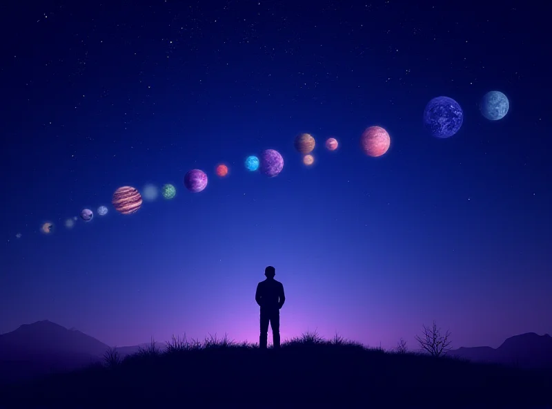 An artistic representation of seven planets aligned in the night sky.