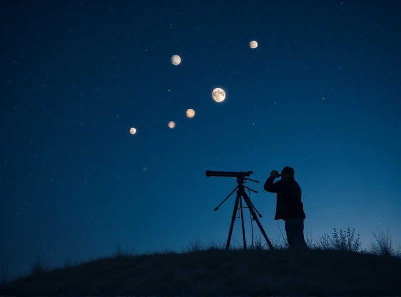 A person looking through a telescope at the night sky, with planets visible.