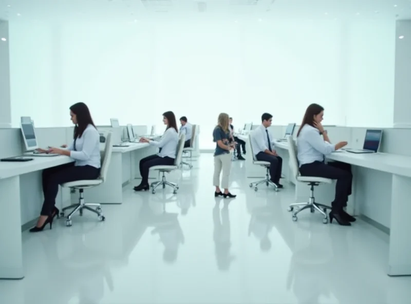 A dimly lit office scene from Severance, with characters in corporate attire looking confused and concerned.