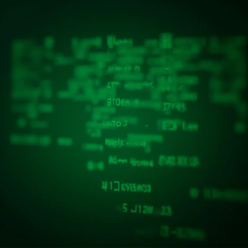 A close-up shot of a retro-looking computer screen in the Severance office, displaying cryptic data.