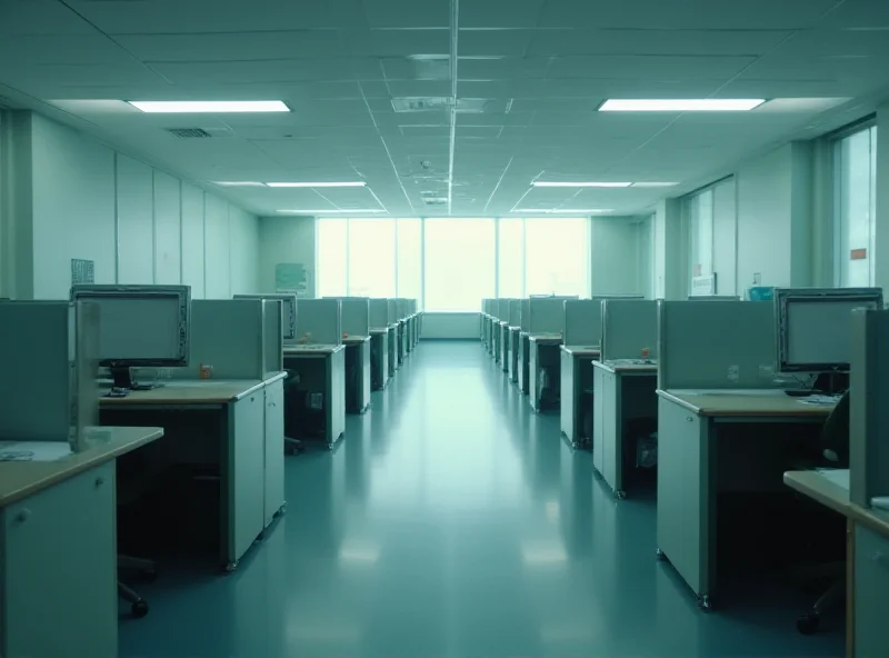 A still from the TV show 'Severance' featuring a sterile office environment.