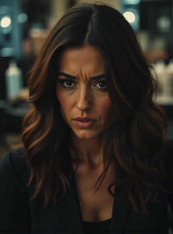 A close-up of a stressed-looking woman in a hair salon, surrounded by styling tools.