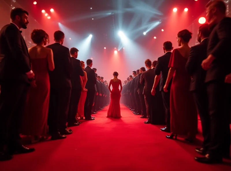 A red carpet event with photographers and celebrities in formal wear.