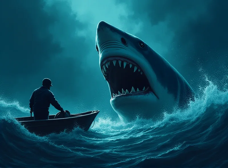 Illustration of a shark attacking a fishing boat, dramatic lighting, dark ocean.