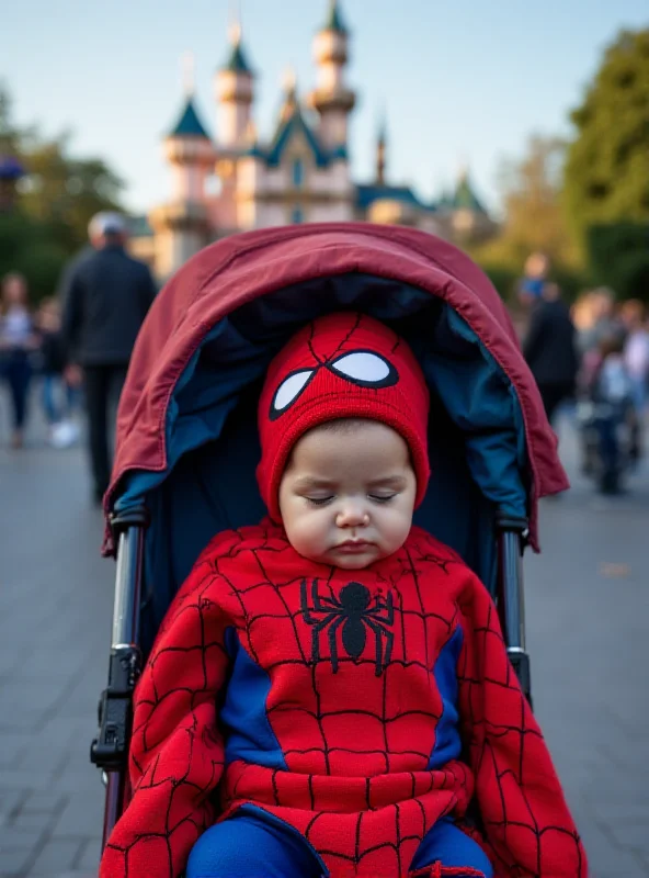 A baby in a stroller covered with a Spider-Man blanket, Disneyland castle in the background, slightly blurred to indicate the parents are not present.