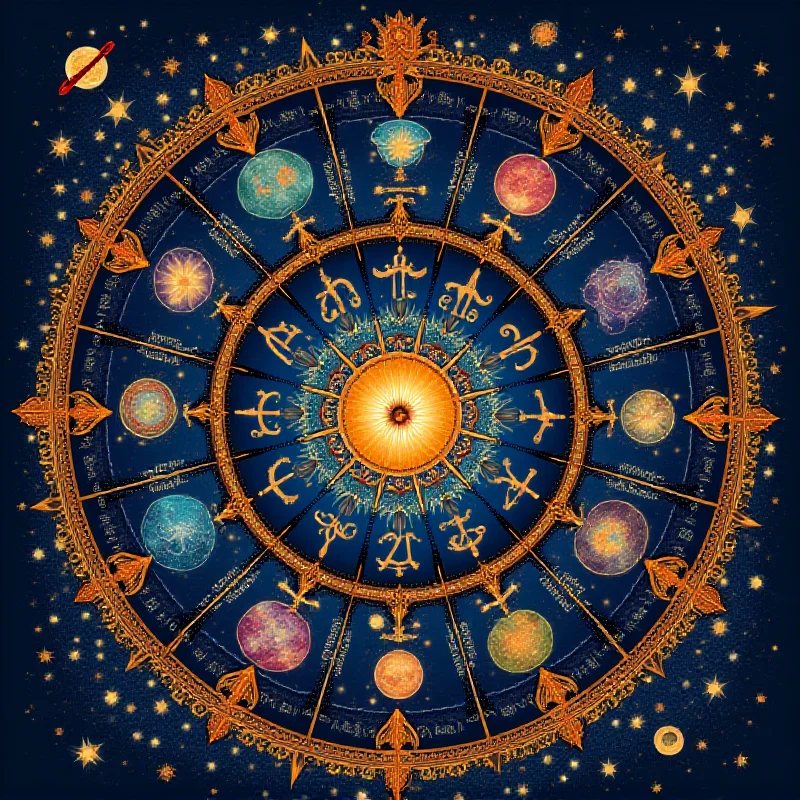 Zodiac wheel with all twelve signs, colorful and mystical illustration, stars and planets in the background.