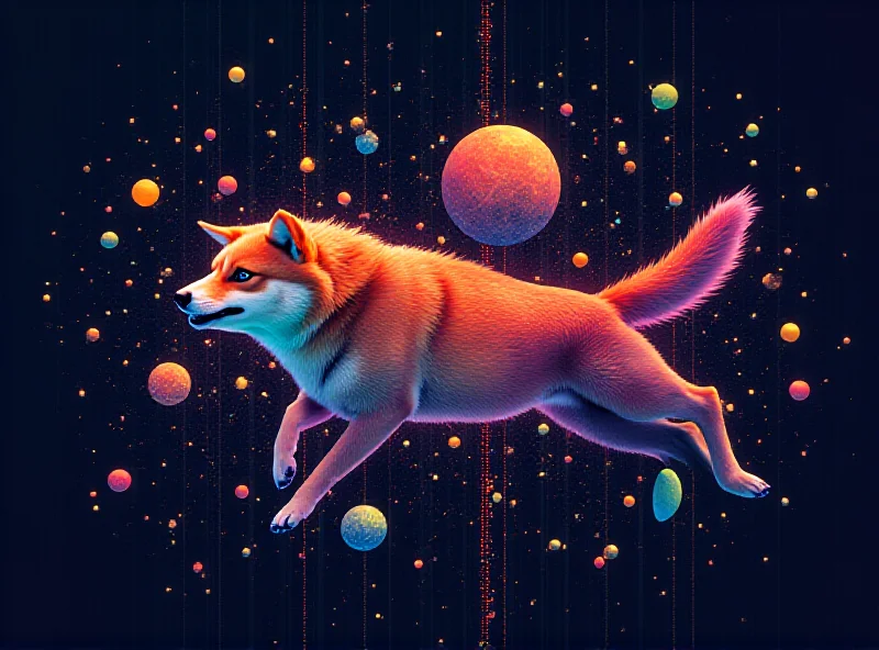 Abstract representation of cryptocurrencies Shiba Inu, ZacroTribe, Dogecoin, and FloppyPepe floating in a digital space, highlighting their interconnectedness and potential for growth.