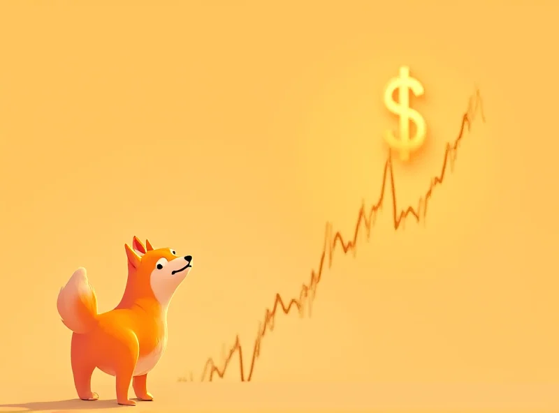 A stylized Shiba Inu dog character looking optimistically towards a rising price chart, with a faint dollar sign in the distance, symbolizing the ambitious goal of reaching $1.