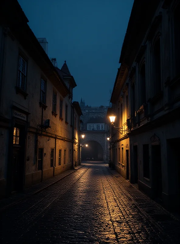 A cityscape of Prague at night, highlighting the contrast between the beautiful architecture and the potential for crime.