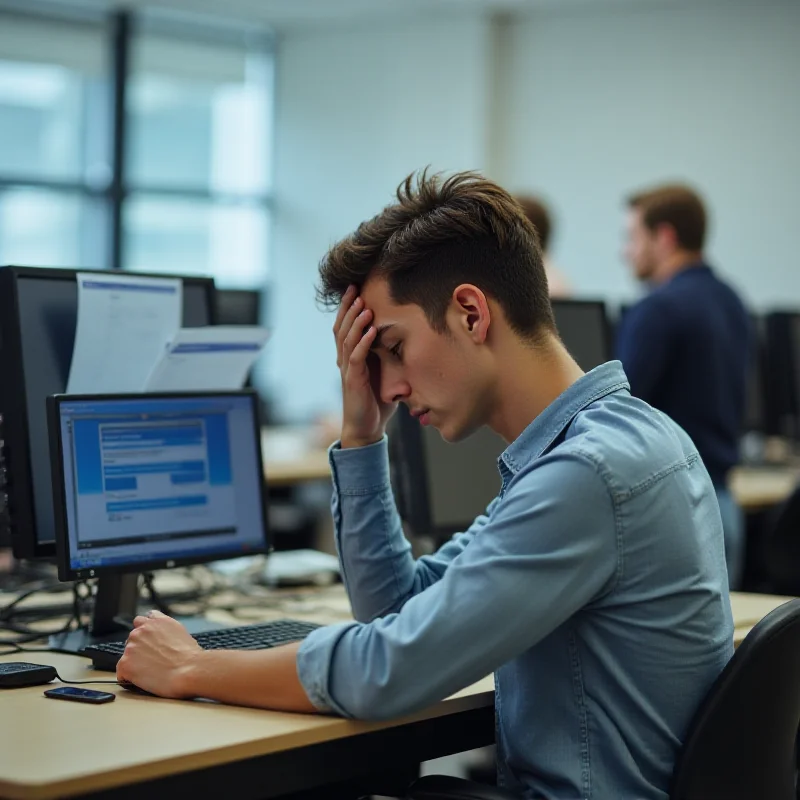 A frustrated student sitting in front of a computer screen displaying an error message during a driving test.