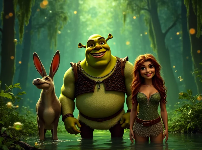 Shrek, Fiona, and Donkey standing together in a swamp setting.