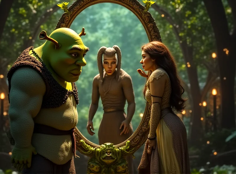 Shrek, Fiona, and Donkey gazing into a magical mirror, showcasing their redesigned appearances.