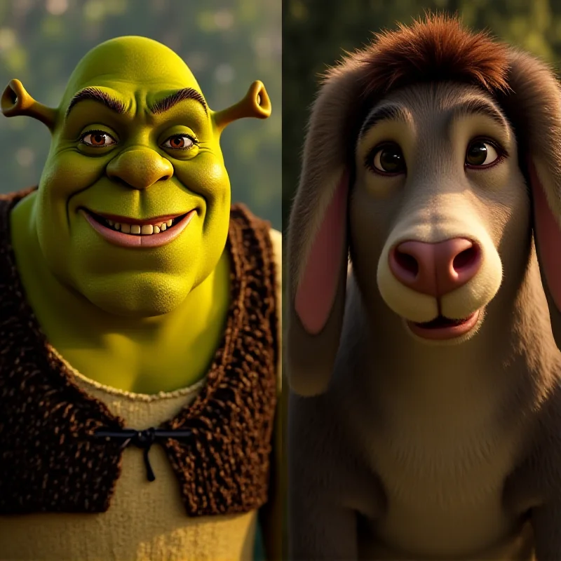 Collage of the original Shrek characters versus the redesigned Shrek characters.