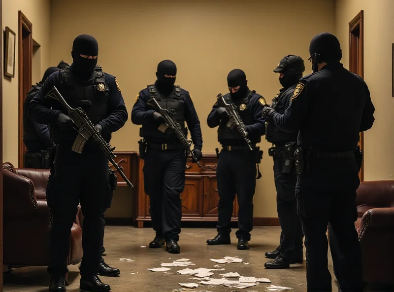 Depiction of an Italian police raid on a suspected Mafia hideout. The scene is chaotic, with officers in tactical gear searching a modestly furnished room. The atmosphere is tense and dramatic.