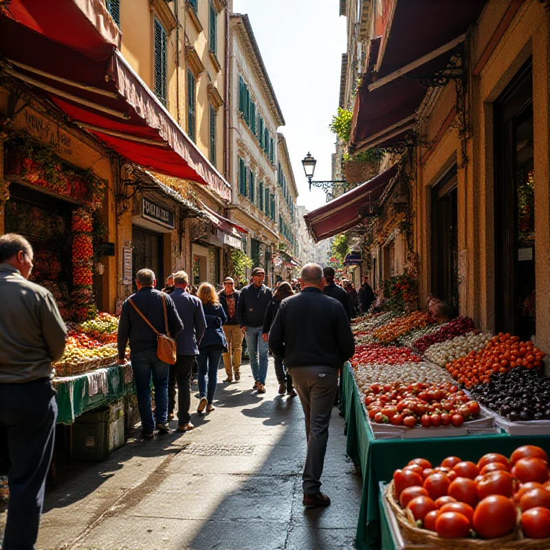 A street scene in Palermo near the Ballarò market. The scene is bustling with vendors selling fresh produce, fish, and other goods. The streets are narrow and crowded, with people of all ages milling about. The image conveys a sense of energy, chaos, and the vibrant culture of the market.