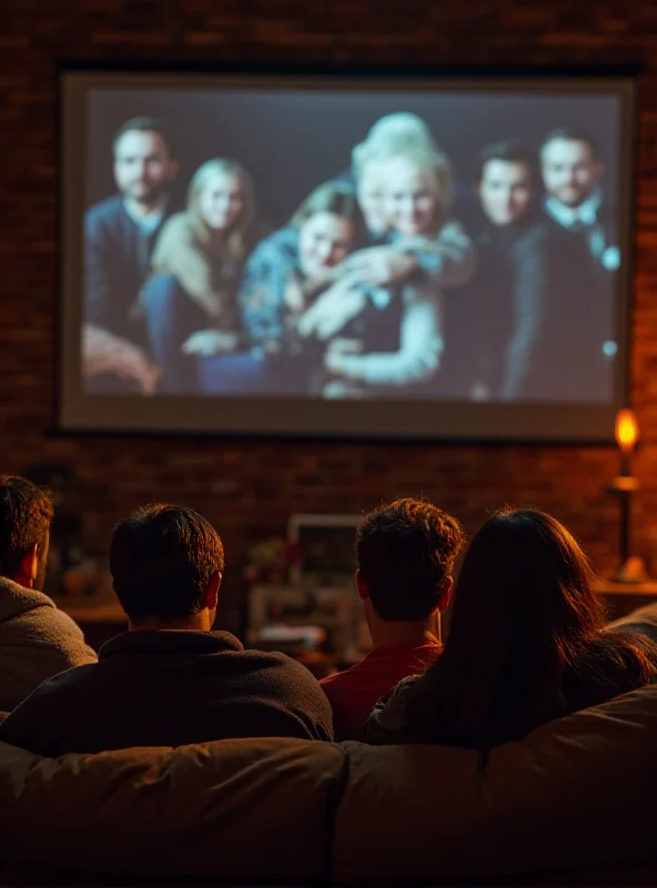 A diverse group of people watching a movie together in a living room.