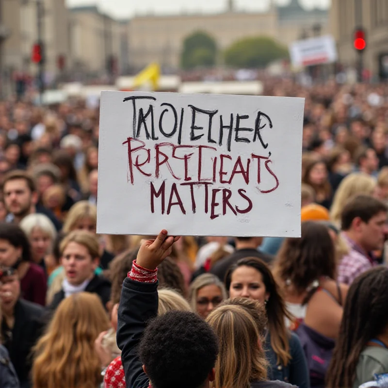 A protest sign that reads 'Representation Matters' with a diverse crowd in the background.