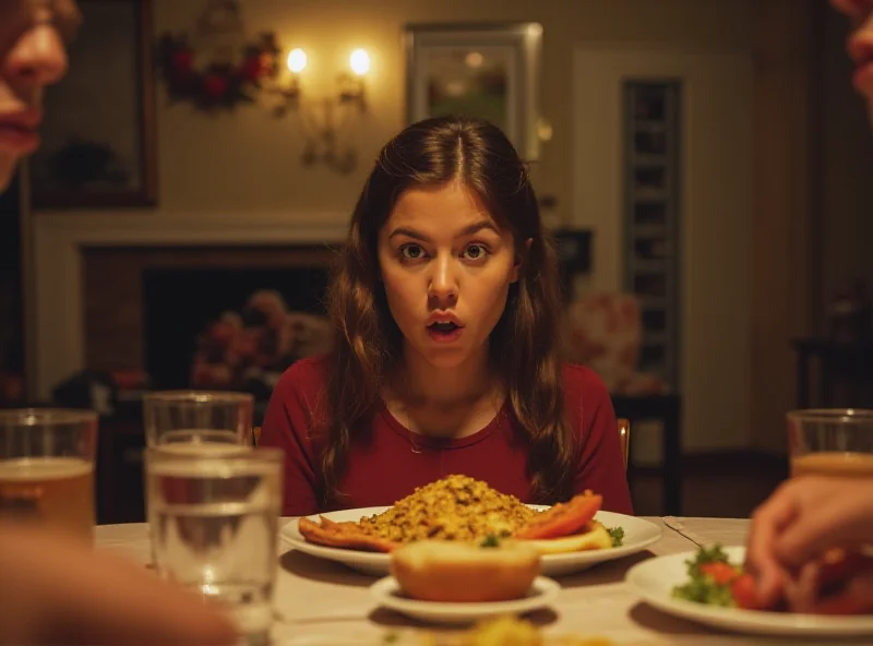 A person looking shocked while eating dinner at a friend's house, realizing their family traditions are not normal.