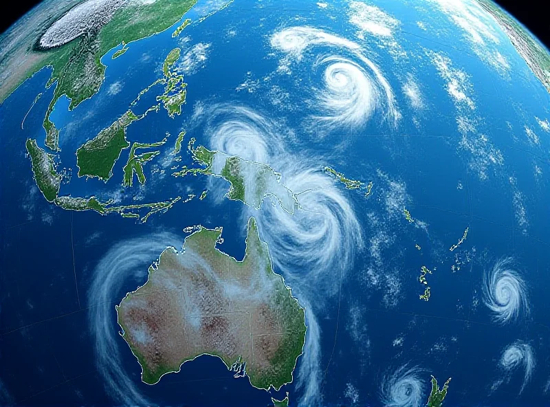 Satellite image of multiple cyclones swirling in the Southern Hemisphere.