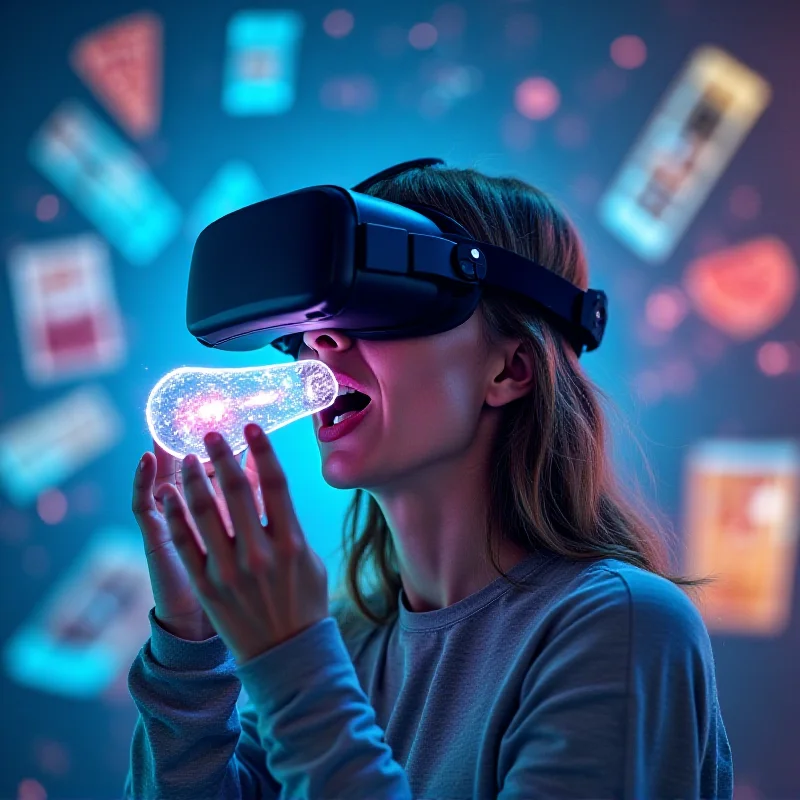 A person wearing a VR headset and using the e-Taste device, surrounded by holographic images of food.