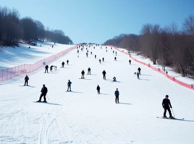 A snowy ski slope with skiers and snowboarders, emphasizing the potential dangers of the sport.