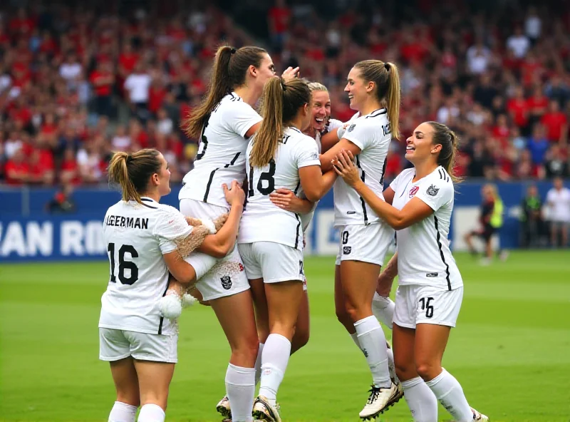 German women's football team celebrating a goal on the field