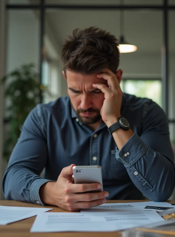 A person looking stressed while checking their banking app on their phone, symbolizing the frustration caused by a payday glitch.