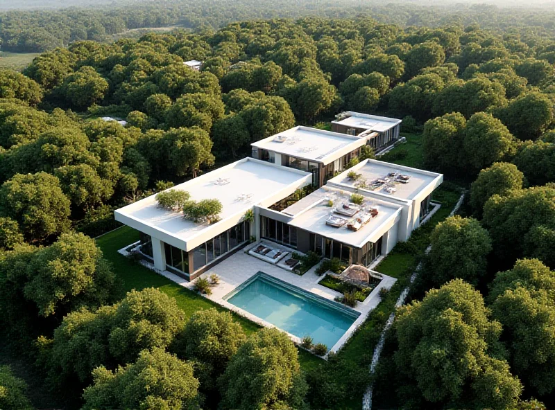 An aerial view of modern villas surrounded by lush greenery, representing the concept of luxury living integrated with nature and community.