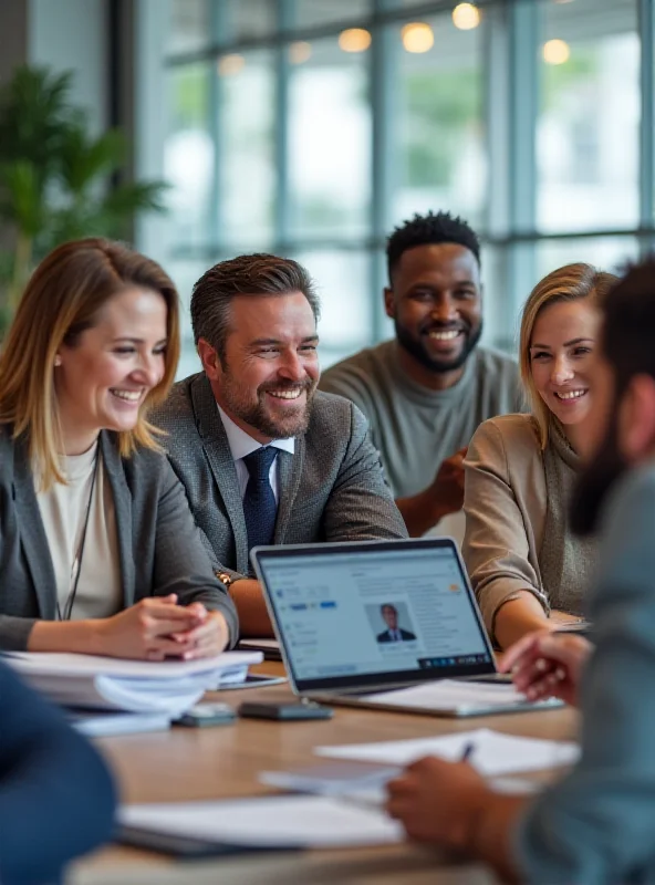 A diverse group of professionals collaborating during a video conference call on Microsoft Teams.