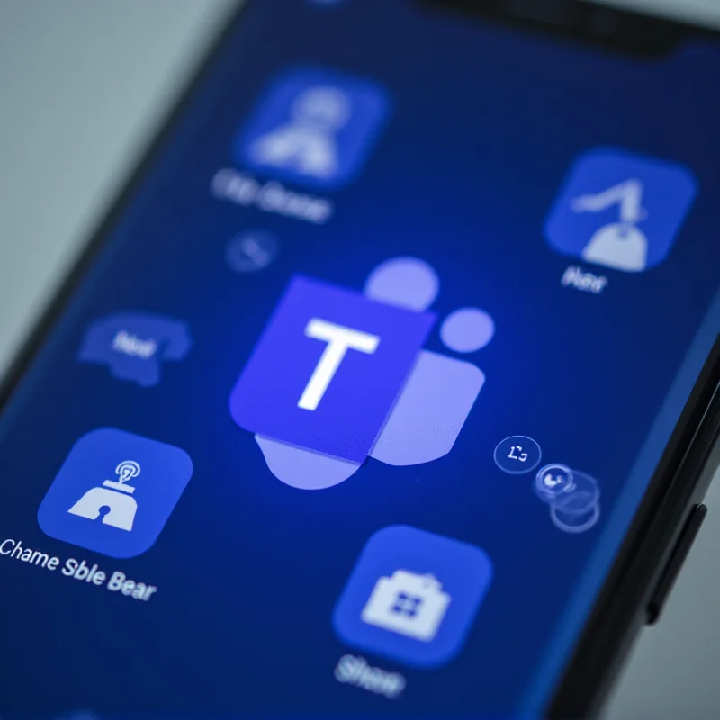 A close-up shot of a smartphone screen displaying the Microsoft Teams logo with various communication icons surrounding it.