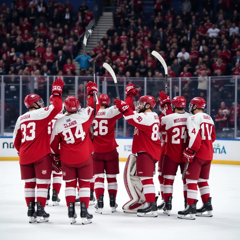 A group of Slovak hockey players celebrating a victory on the ice.