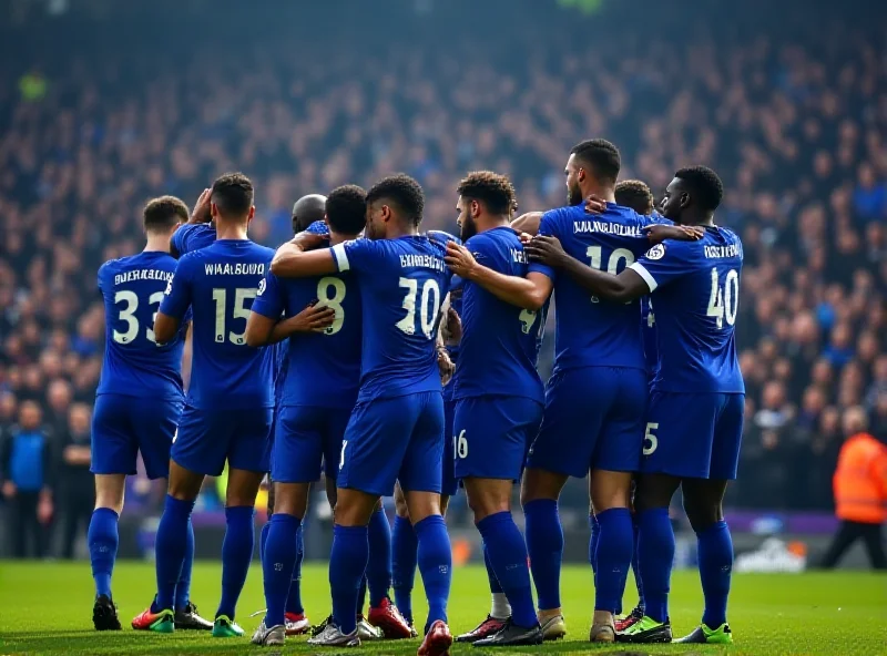 Everton players celebrating a goal during a Premier League match.