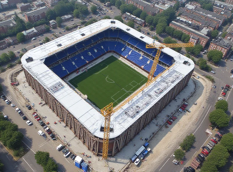 An aerial view of Everton's new stadium under construction, with cranes and construction workers visible.