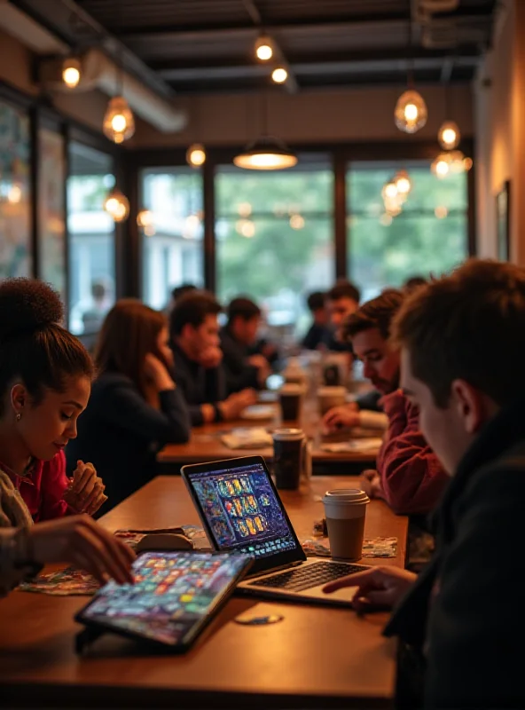 A diverse group of people playing online slot games on their smartphones and tablets in a modern, brightly lit cafe.