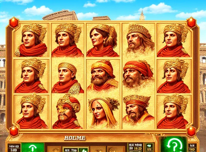 A screenshot of an online slot game featuring a historical theme, with symbols of ancient Rome like gladiators, emperors, and Roman coins.