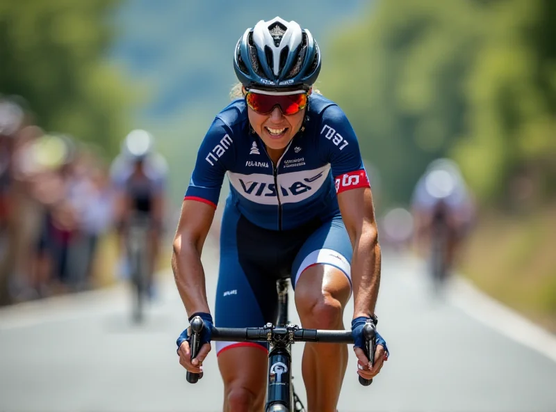 A female cyclist wearing the Visma team kit, powerfully pedaling on a road bike during a race, with spectators blurred in the background.