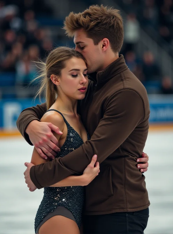 A brother hugging his sister, who is a figure skater in a sparkly costume, after a competition.