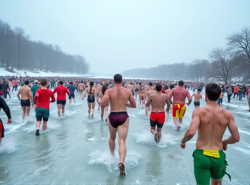 Group of people in swimwear running into icy water, snow-covered landscape in the background.