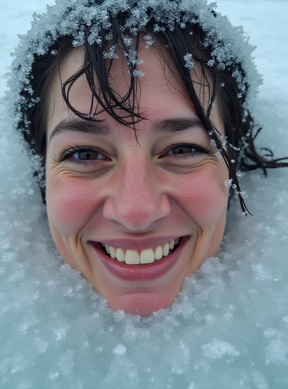 Close-up shot of a person's face emerging from icy water, smiling with visible breath.