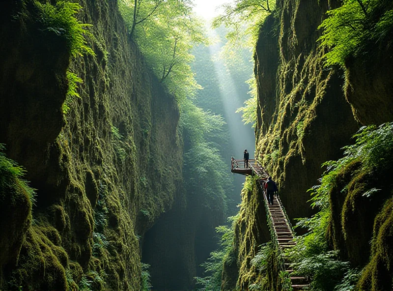 A stunning gorge in Slovak Paradise National Park, with wooden ladders and walkways clinging to the rock face, surrounded by lush green vegetation.