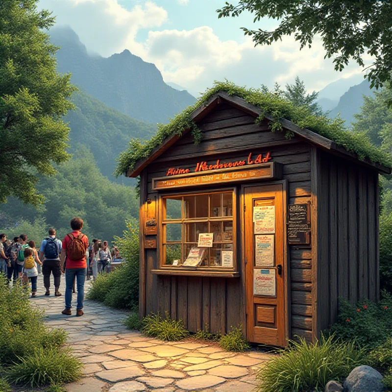 A close-up shot of a traditional wooden ticket booth in a mountainous setting, with a sign indicating various ticket prices and fees.