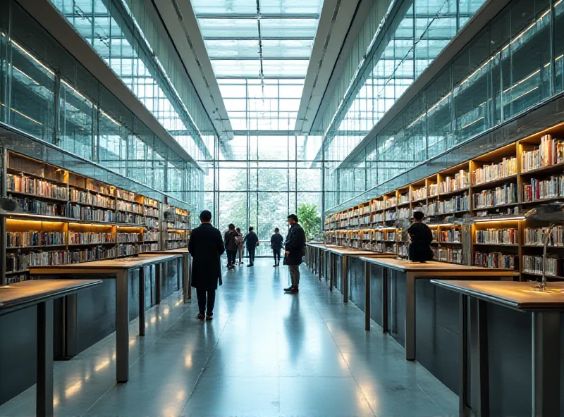 A modern scientific library with glass walls and open shelves filled with books.