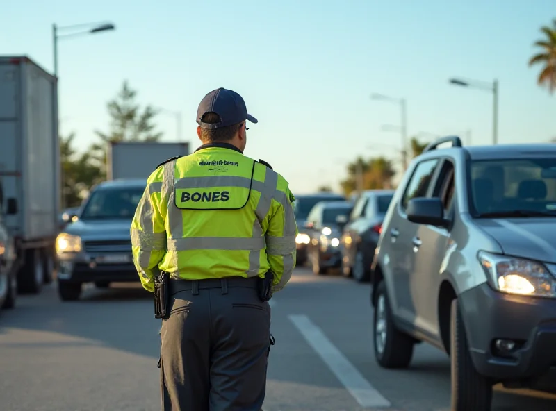 A customs officer inspecting goods at a border crossing, with vehicles lined up in the background.